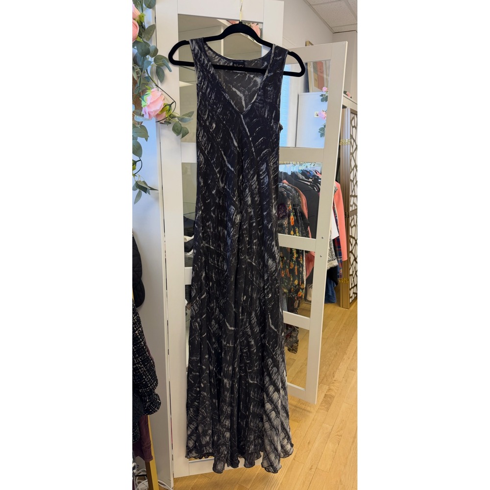Biya Silk Grey Abstract Print Maxi Dress Gown Sleeveless V-Neck Boho Sz S